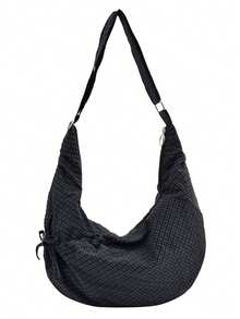 Black Fine Grid Drawstring Crescent Crossbody Bag, Large Capacity Slouchy Pleated One Shoulder Bag With Adjustable Strap, Casual Commute Tote Bag - Black - View 2