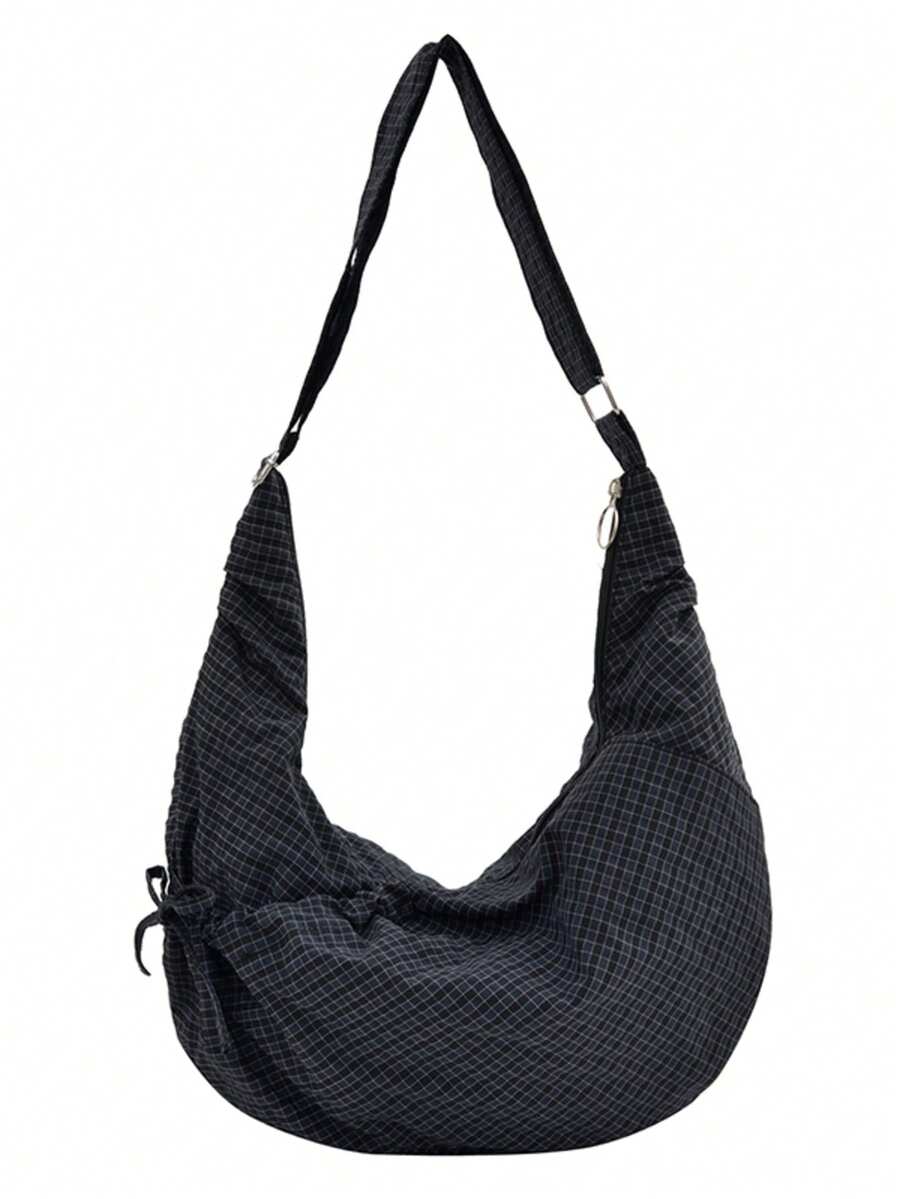 Black Fine Grid Drawstring Crescent Crossbody Bag, Large Capacity Slouchy Pleated One Shoulder Bag With Adjustable Strap, Casual Commute Tote Bag