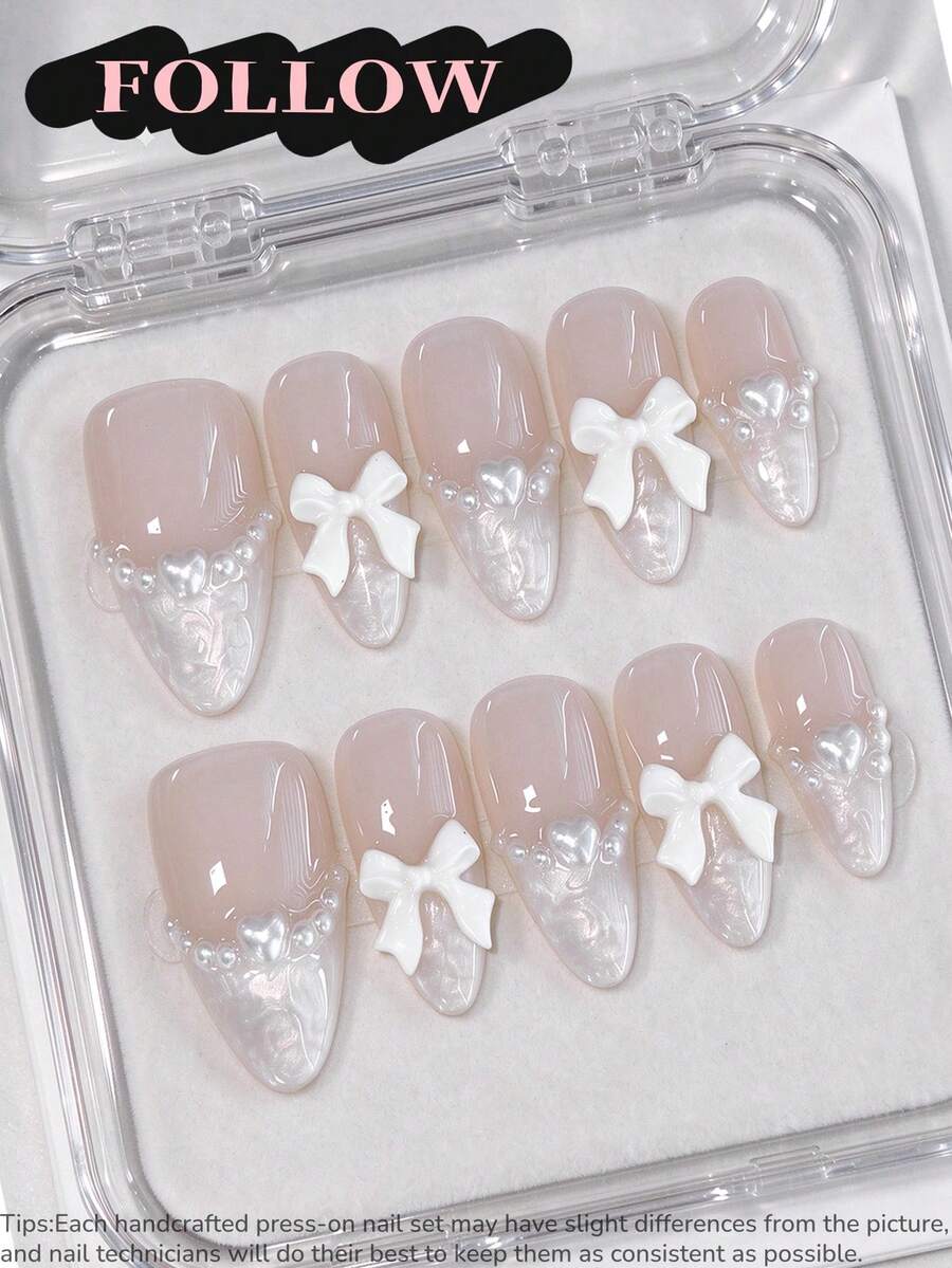 10片纯手工制作中号杏仁形美甲贴片，简约风格，白色法式美甲，立体仿珍珠蝴蝶结美甲装饰，仿珍珠母贝串珠美甲胶，凝胶美甲套装，春季美甲，夏季美甲，适合各种场合搭配服装的假指甲，美甲艺术，2025新款美甲，美甲贴片，欧美美甲，现代日式美甲，美甲用品，手工美甲贴片