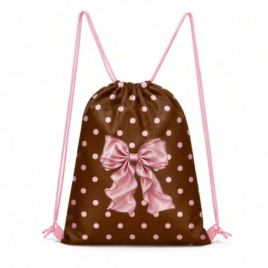 Drawstring Bag - Cute Coffee Brown Bow Print - Suitable For School, Sports, Travel And Toy Storage - Sports, Fitness, Swimming, Travel Backpack - Drawstring Sports Bag - View 1