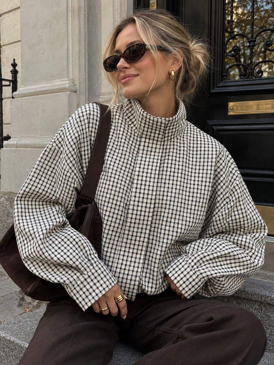 Women's Autumn Plaid Zipper Cardigan Loose Fit Aviator Jacket Lightweight Outerwear, Suitable For Casual Street Style Outfits - Black and White - View 1