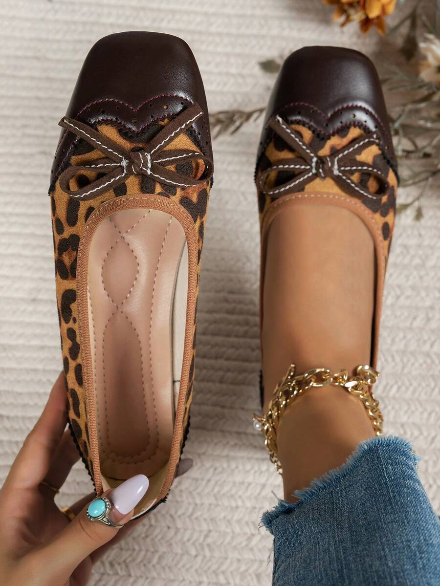 Square Toe Bow Leopard Print Patchwork Women's Flat Mary Jane Ballet Shoes, Fashion Casual Comfortable Convenient Slip-On Flat Shoes For Daily Commute And Versatile Wear - Leopard Print With Dark Brown - View 1