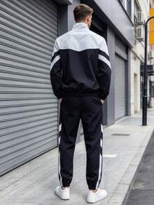 1 Set Men's Spring & Autumn Color Block Tracksuit, Stand Collar Jacket & Drawstring Jogger Pants Casual 2-Piece Outfit, Suitable For Daily Streetwear - Black and White - View 2