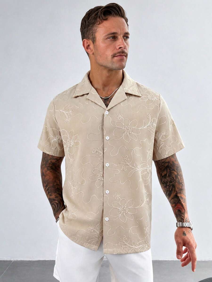 Men's Floral Embroidery Pattern Single-Breasted Casual Versatile Daily Wear Short Sleeve Shirt - Ginger - View 1
