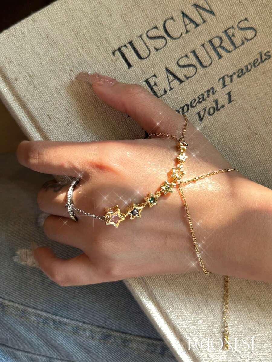 EchoNest 1pc Gold-Colored Stainless Steel Colorful Gemstone Star Linked Finger Bracelet Double Layer Finger Chain Decoration Accessory For Vacation Party - Yellow Gold - View 1