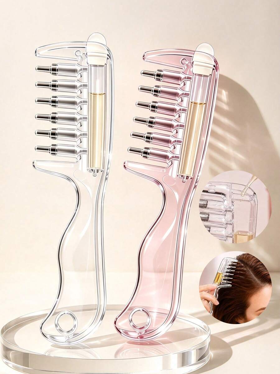 1PC Transparent Scalp Hair Oil Applicator Comb, Visible Liquid Reservoir + Roller Metal Teeth Liquid Dispensing Comb (Liquid Not Included), Suitable For Hair And Beard Care, Unisex Hands-Free Essential Oil Massage Comb, Hair Styling Accessory Tool, Travel Essential