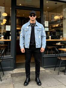 Men's Loose Light Blue Denim Jacket, Distressed Ripped Regular Fit, Button Front Closure, Flap Pockets, Vintage Rock Style Casual Streetwear - Baby Blue - View 5