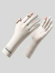 1 Pair Women's Mid-Length Summer Breathable Anti-Slip Cycling Ice Silk Flip-Cover Fingerless Sun Protection Gloves - Beige - View 1