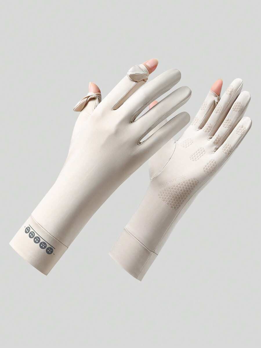 1 Pair Women's Mid-Length Summer Breathable Anti-Slip Cycling Ice Silk Flip-Cover Fingerless Sun Protection Gloves - Beige - View 1
