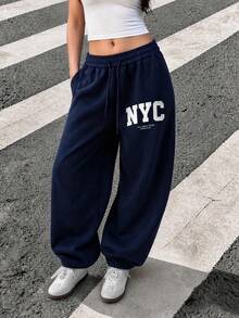 Women's Casual Loose Fit NYC Letter Print Gray Joggers, Fall And Winter Pants - Navy Blue - View 2