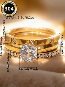 3pcs Set Elegant Cubic Zirconia Rings For Women Wedding Engagement Party Jewelry Valentine's Day Gift - 1# - View 7