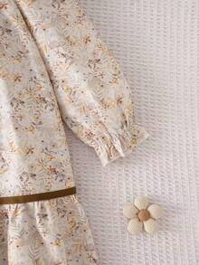 Young Girls Autumn/Winter Floral Lace Square Neck Ruffle Puff Long Sleeve Pastoral Princess Dress - Apricot - View 6