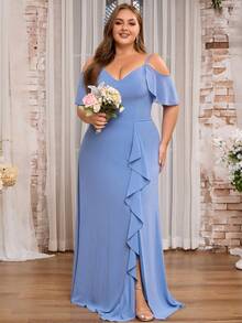 Plus Size Women's Off-Shoulder Ruffle Slit Bridesmaid Dress, Elegant Wedding Guest Dress - Baby Blue - View 6