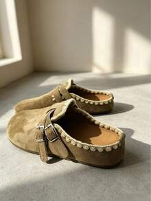Women's Casual Buckle Lace-Up Flat Closed-Toe Half-Slip Mule Shoes For Home - Khaki - View 4