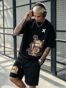 Simple Studio | Men's Summer Casual Round Neck Short Sleeve T-Shirt And Drawstring Waist Shorts Set - Black - View 3