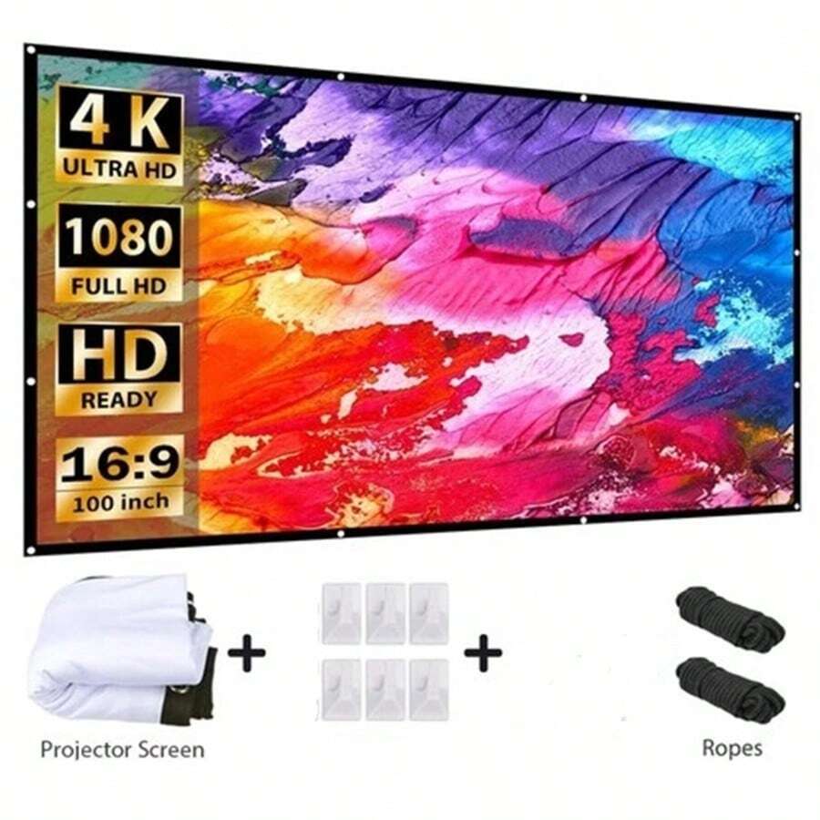 60/72/84/100/120/150 Inch Projector Screen, 16:9 HD Foldable Portable Projector Screen, Supports Double-Sided Projection, Wrinkle-Resistant Washable Fabric, Suitable For Camping/Outdoor/Party/Gaming/Home Theater. Fabric Is Not Thick - View 1