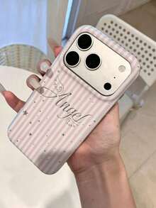 Korean Style Ins Blue Striped Glitter English Letter Phone Case Compatible With Apple 17 Pro Max, 18 Pro, 15, 14, 13, Full Coverage Anti-Drop Protective Soft Shell, Niche Premium Girly Design - Pink - View 1