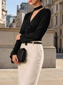 Women Fall Elegant Black Choker Tie Long Sleeve V-Neck Gathered Waist Slim Fit Crop Top, Christmas Social Gathering Basic Blouse - Black - View 10