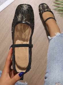 Square Toe Shallow Cut Ballet Flats, Hollow Mesh Embroidery Flat Shoes, Breathable & Lightweight, Elegant & Comfortable, Suitable For Daily Commute - Black - View 4