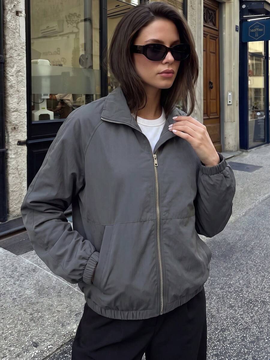 1pc Women's Solid Color Stand Collar Short Lightweight Jacket, Suitable For Daily Commute, Short Trips, Hiking, Shopping And Outings
