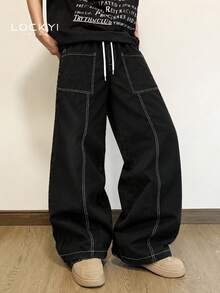 Men's Black Wide Leg Cargo Pants, American Style White Contrast Stitch Pocket Casual Long Pants - Black - View 7