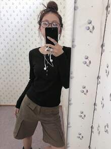Women's Button Half Placket Versatile Long Sleeve T-Shirt For Vacation & Travel - Black - View 5