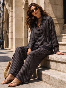 Women's Black Non-Stretch 2 Pieces Set Striped Lapel Long Sleeve Top With Lace Trim And Flare Pants - Black - View 3