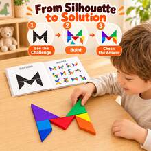 Bộ xếp hình Tangram bằng gỗ cho trẻ em, đồ chơi lắp ghép hình khối 7 miếng kèm 60 thẻ thử thách hai mặt và sách hướng dẫn đáp án - Nhiều màu - Xem 5