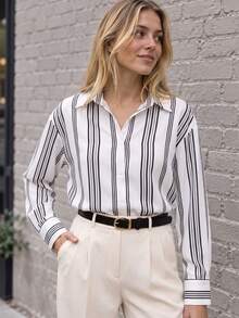 Non-Stretch White Striped Women's Long Sleeve Casual Dress Shirts For Office Daily Work Wear - White - View 4