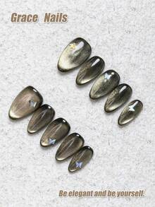 10pcs Handmade Press-On Nails, Premium Wear Experience, Multiple Sizes Available, Almond Shape, Dark Gold Luxury Style, Iridescent Butterfly Pattern, Gradient Cat Eye Design, Skin-Brightening Vibe, Suitable For Autumn/Winter, Christmas, New Year, Party, Holiday, Daily Commute, Dating, Removable Fake Nails For Women, Fall Nails - Rust Brown - View 10