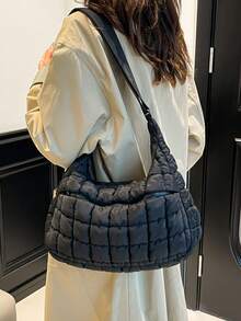 Fully Quilted Ruched Shoulder Bag, Adjustable Wide Strap, Front Zipper Compartment, Zipper Closure, Large Capacity For Books, Water Bottles And Other Personal Items, Minimalist Soft Style, Suitable For Commuting, Travel And Daily Occasions - Black - View 3