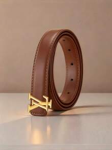 Ladies Versatile Thin Faux Leather Belt, Classic Geometric Shape Gold Buckle, Stylish Waistband For Office, Party And Daily Matching - Multicolor - View 7