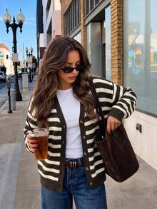 SUNSTORY Women's Autumn/Winter Minimalist Elegant Striped Placket Knit Cardigan Casual Top For Commuting, Shopping, Halloween - Multicolor - View 6