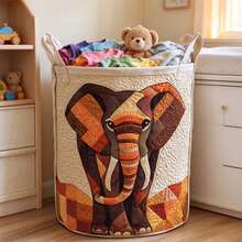 1pc Exquisite Patchwork Elephant Quilted Laundry Storage Basket, Large Capacity Round Clothes Storage Bin, Reinforced Handle Design, Foldable Self-Standing Fabric Storage Bucket, Suitable For Dirty Clothes, Toys, Blankets Storage, Bedroom Bathroom Nursery Home Decor, Housewarming Gift, Holiday Gift - Multicolor - View 3