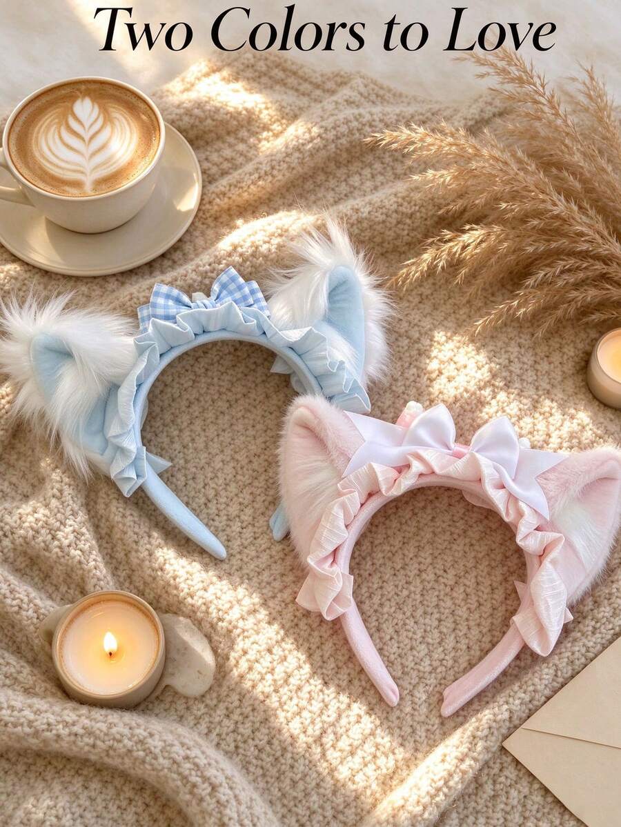 1pc Sweet Lolita Plush Cat Ear Headband With Ruffle And Bow Decoration, Cute Fluffy Animal Ear Hair Accessory For Women Cosplay Party Makeup Hairstyle - Multicolor - View 1