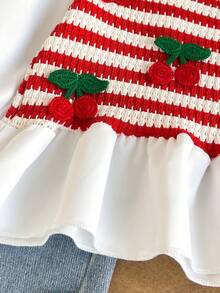 Baby Girl Sweet Cherry Theme 2-Piece Set: Red & White Striped Crochet Cherry Vest With Ruffle Trim Long Sleeve 2-In-1 Top + Frayed Straight Leg Denim Jeans, With 3D Cherry Decor, Fashionable & Cute Spring/Autumn Outfit - Red - View 7