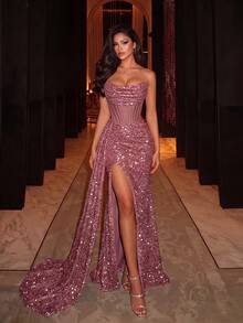 ADYCE Elegant Strapless Sequin High Waist Ruched Tie Back Open Back High Slit Fishbone Floor Length Evening Gown, Suitable For Prom, Homecoming, Wedding Guest, Party, Autumn - Dusty Pink - View 3