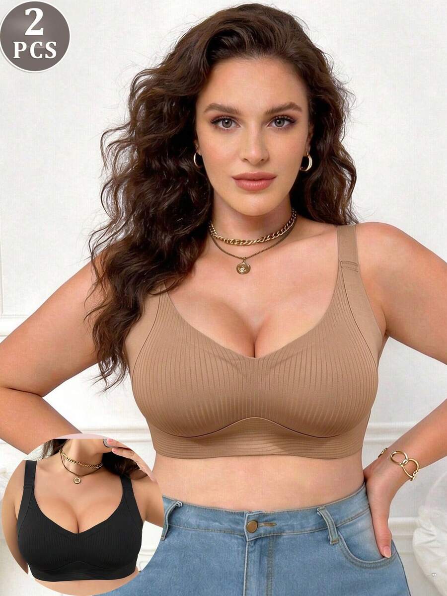 2pcs Plus Size Seamless Bras - Adjustable Straps, Wireless Support, Back Closure, Shaping, Lifting, Comfortable, Everyday Wear, Soft & Flexible, Customized Fit - Multicolor - View 1