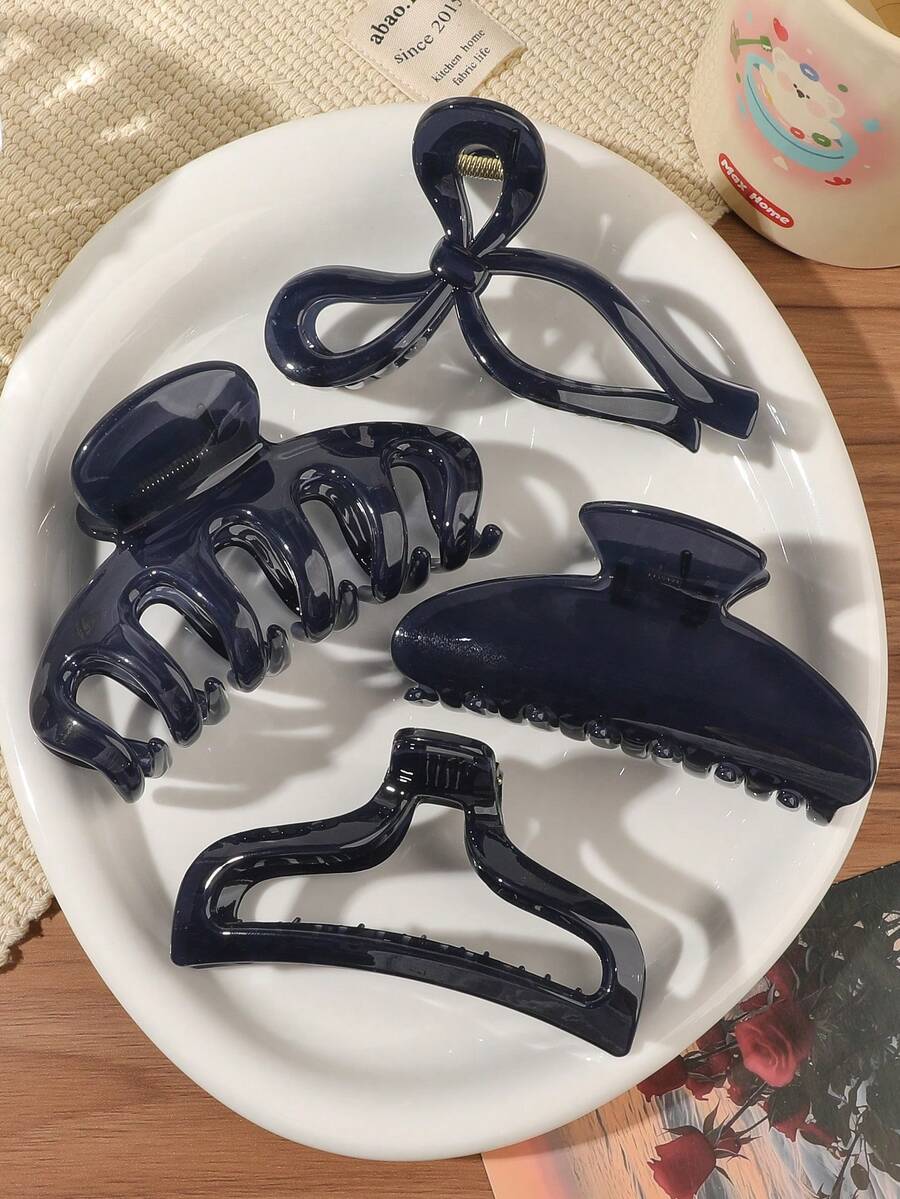 4pcs Set Premium Navy Blue Semi-Circle Fish Tail Pumpkin Bow Hollow Out Large Hair Claw Clip Minimalist Commute Back Head Hair Accessory - Navy Blue - View 1