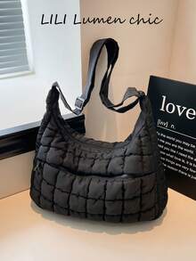 Fully Quilted Ruched Shoulder Bag, Adjustable Wide Strap, Front Zipper Compartment, Zipper Closure, Large Capacity For Books, Water Bottles And Other Personal Items, Minimalist Soft Style, Suitable For Commuting, Travel And Daily Occasions - Black - View 7