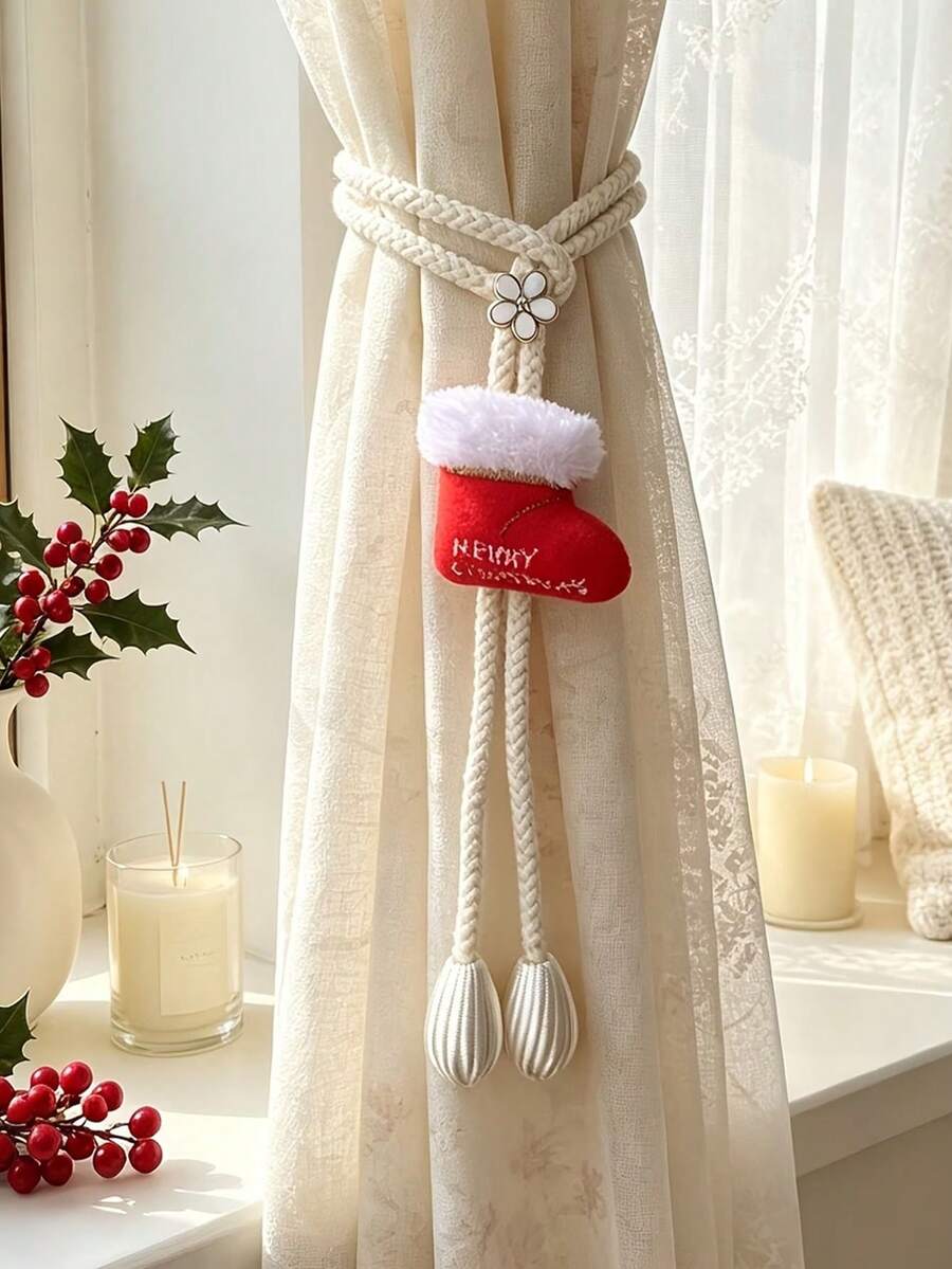 2pcs/1set Holiday Cartoon Style Knitted Curtain Tiebacks, Featuring Reindeer, Christmas Stocking, Snowman And Bow Patterns, Suitable For Living Room, Bedroom, Dining Room, Cafe, Hotel And Vacation Rental - one-size - View 1