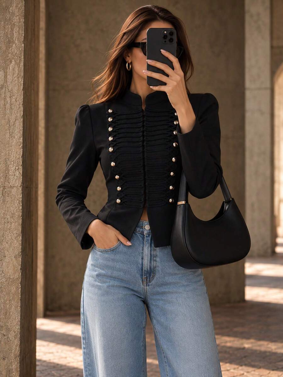 Women's Black Stand Collar Cropped Jacket, Double-Breasted Knit Contrast Design, Slimming Waist, Sexy Style - Black - View 1