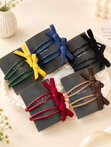 2pcs Girls Autumn/Winter Sweet Velvet Bow Side Fringe Hair Clips BB Snap Clips Suitable For Daily Matching - Multicolor - View 1