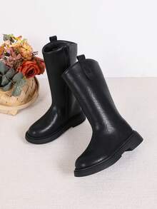 Autumn/Winter New Thermal Lined Children's Side Zipper Thick Sole Mid-Calf Boots Round Toe Buckle Vintage Versatile Snug Fit Height-Increasing Kids Boots - Black - View 4