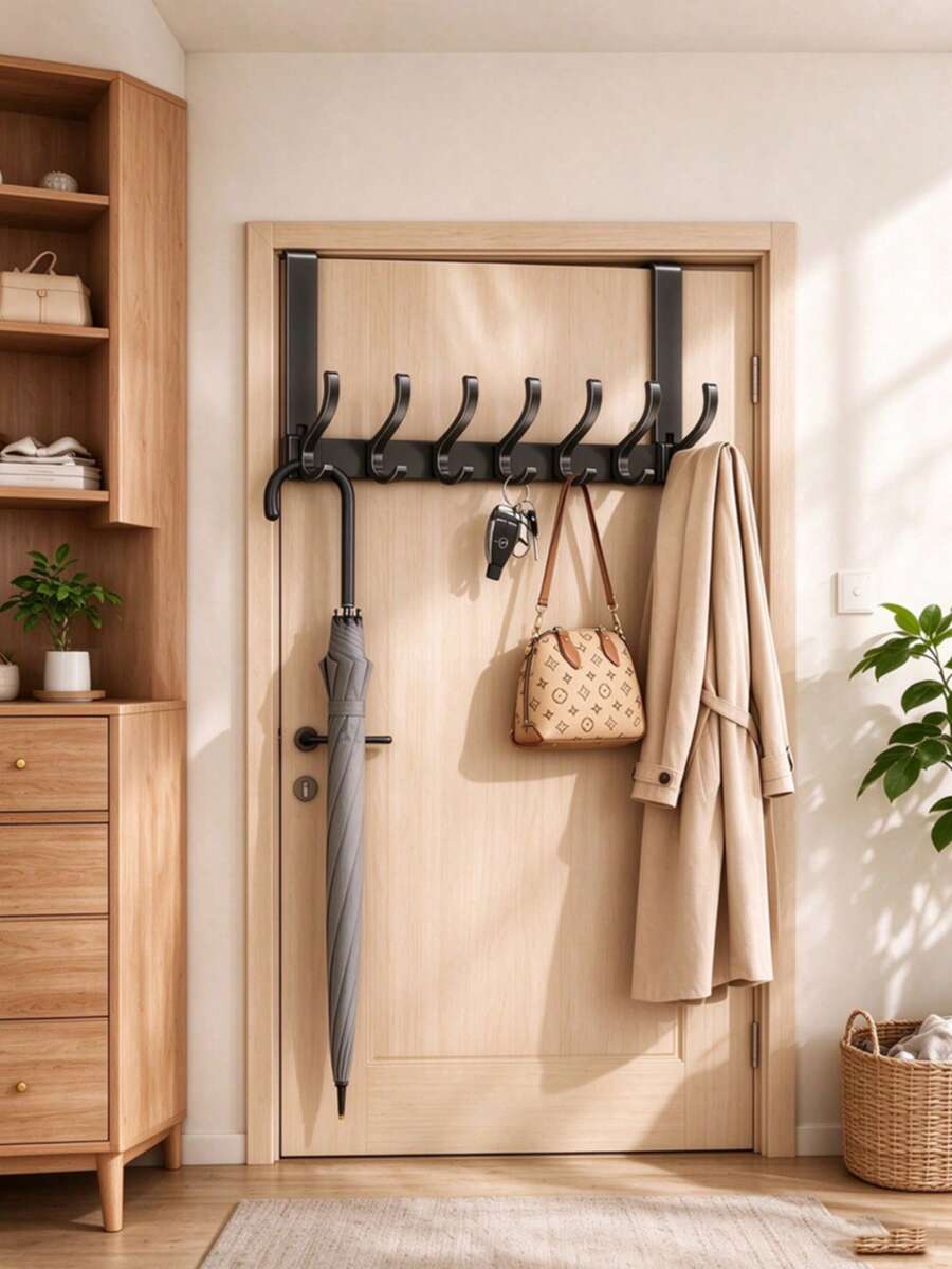 Over-The-Door Hook, Heavy-Duty Over-The-Door Hanger For Coats Bathrobes Hats Clothes Towels, Space Saving No-Drill Towel Rack Bathroom Organizer, Coat Rack, Bedroom Entryway Dorm Storage, Sturdy Multi-Purpose Hooks, Mother's Day Gift Idea - Black - View 1