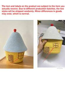1pc Tree & House Pattern Knitted Storage Basket, Cute Country Style Woven Cotton Round, With Pom Pom And Embroidery Details, Multi-Functional Desktop Storage Bin, Suitable For Christmas Home Living Room Bedroom Decor, All Season Holiday Gift - Multicolor - View 9