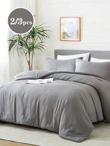 2/3pcs Waffle Weave Craft, Jacquard Thick Solid Color Premium Texture Grey Quilt Cover Set – Jacquard Textured Super Soft Polyester Bedding Breathable&Machine Washable (1Cover+2Pillowcases No Insert) For Double/Queen/KingBedStudent Dorm&Home - Grey - View 1