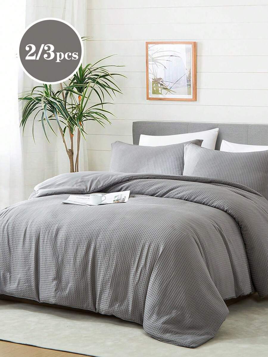 2/3pcs Waffle Weave Craft, Jacquard Thick Solid Color Premium Texture Grey Quilt Cover Set – Jacquard Textured Super Soft Polyester Bedding Breathable&Machine Washable (1Cover+2Pillowcases No Insert) For Double/Queen/KingBedStudent Dorm&Home - Grey - View 1