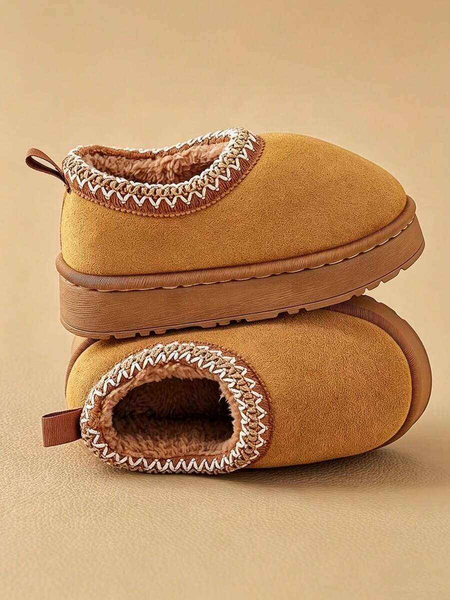 Children's Autumn/Winter Indoor Home Warm Thermal Lined Wearable Closed-Back Slippers, Thick Furry Slippers For Girls - Khaki - View 1