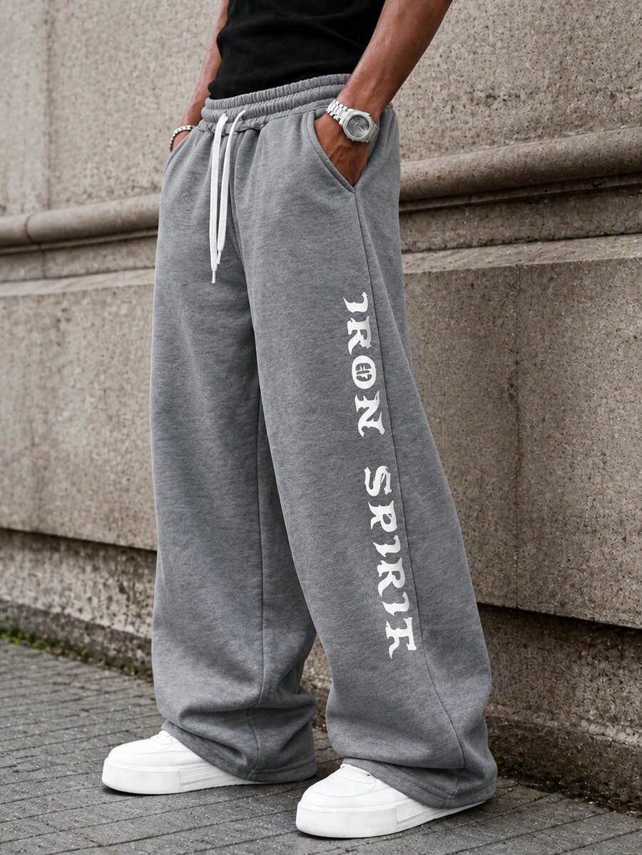 Celana Jogging Pria Abu-abu Model Lebar, Motif Huruf Gotik, Tali Serut, Potongan Longgar, Gaya - Dark Grey - View 1